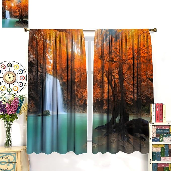 Forest Waterfall Blackout Curtains, Fall Leaves Trees Jungle Autumn Stream Country Nature Landscape Scenery Window Drapes, for Bedroom Living Room 42" W X 54" L