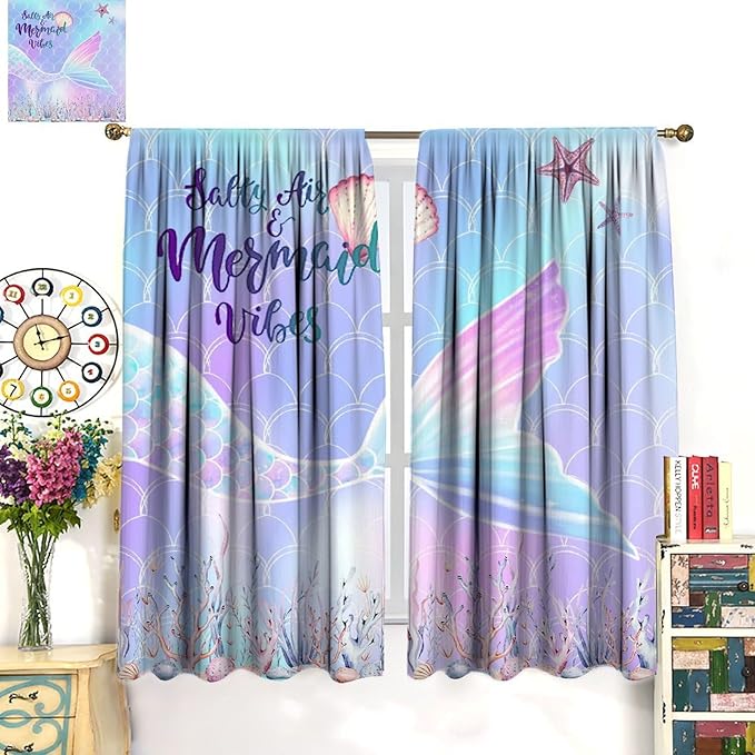 Fantasy Mermaid Curtain Colorful Rainbow Fish Tail Ocean Theme Beautiful Kids Window Treatment for Girls Bedroom Nursery Room Decor Rod Pocket Window Drapes 52x84in