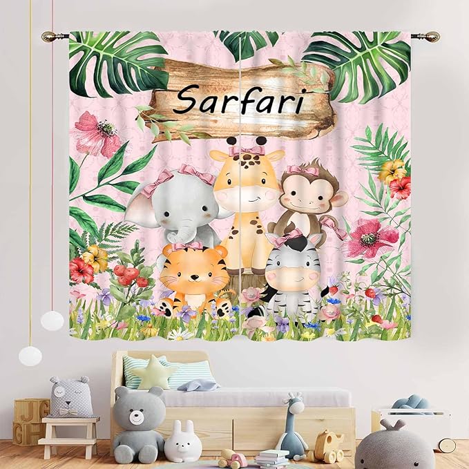 Kids Safari Animals Curtains, Cartoon Giraffe Elephant Monkey Woodland Jungle Tropical Leaf Pink Window Curtains for Boys Girls Baby Living Room Bedroom Nursery Classroom 2 Panels, 55"x63" Inch