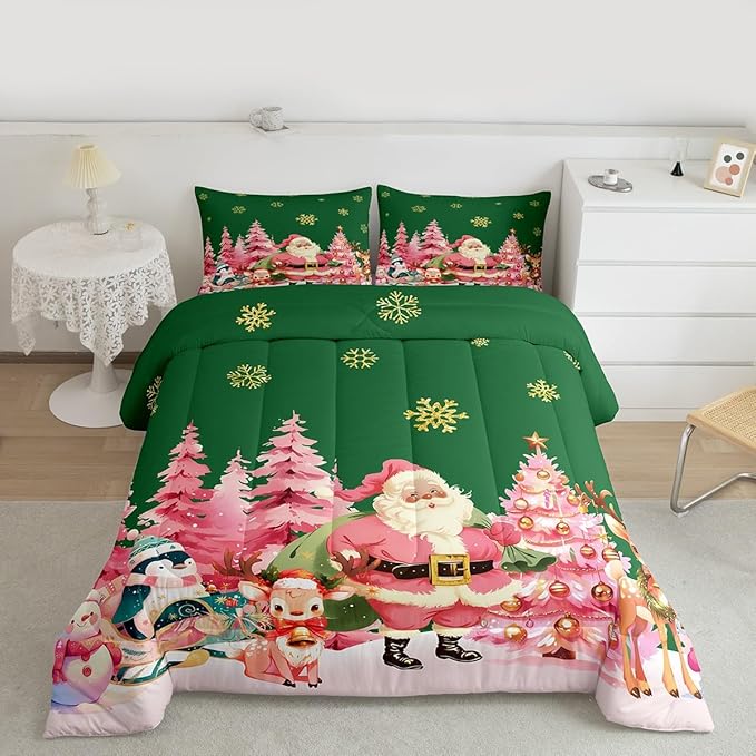 jejeloiu Merry Christmas Comforter Set Full Size Santa Claus Bedding Set for Kids Boys Girls Cute Deer Duvet Quilt Green Bedroom Decor