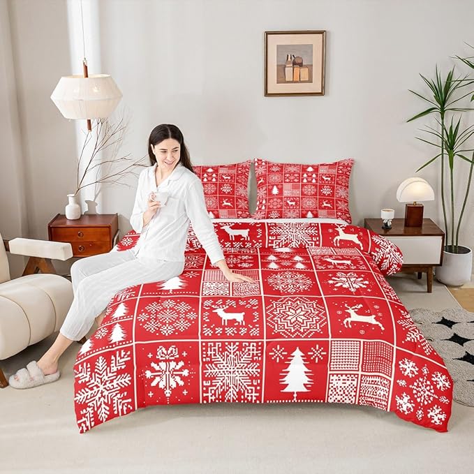 Kids Merry Christmas Comforter Set Queen Size,Deer Snowflake Pines Silhouette Bedding,Girls Boys Adults Bedroom/Xmas Cabin Decor,Geometric Lattice Down Comforter,Red Bright Duvet Insert,2 Pillowcases