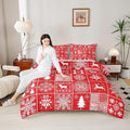 Kids Merry Christmas Comforter Set King Size,Deer Snowflake Pines Silhouette Bedding,Girls Boys Adults Bedroom/Xmas Cabin Decor,Geometric Lattice Down Comforter,Red Bright Duvet Insert,2 Pillowcases