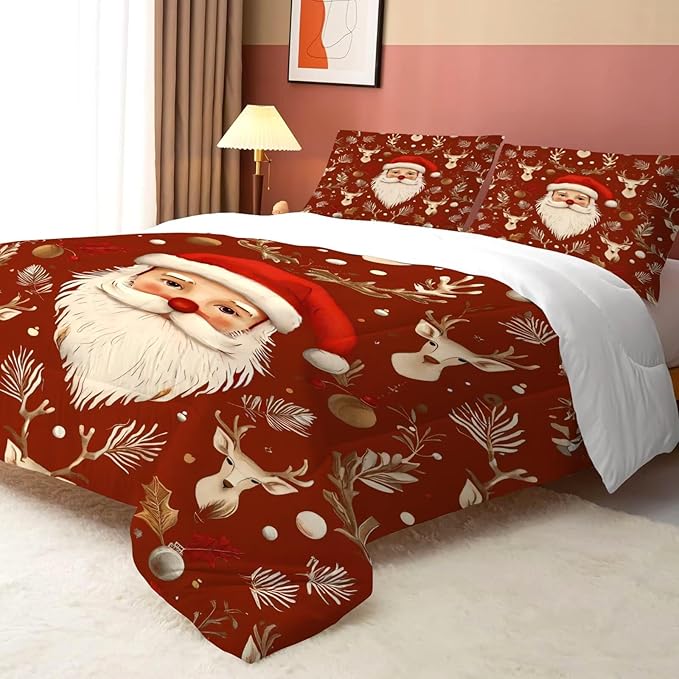 Red Christmas Comforter Set Santa Claus Bedding Full/Queen Size for Kids Girls Women Xmas Reindeer Holiday Bedroom Quilt Bed Sets, 1 Comforter 2 Pillowcases