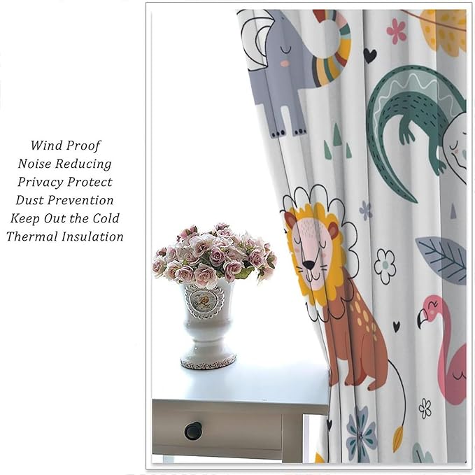 YCness Cartoon Forest Animals Curtains, Woodland Woodland Wild Giraffe Zebra Lion Hippopotamus Window Treatments for Kids Bedroom Living Room Home Nursery Drapes, 42x54 Inch