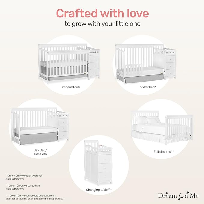 Dream On Me Brody 5-in-1 Convertible Full-Size Baby Crib & 3-Drawer Changer in White, Pinewood, GreenGuard Gold & JPMA, 1” Changer Pad, 3 Mattress Heights, Converts to Toddler & Full Size Bed