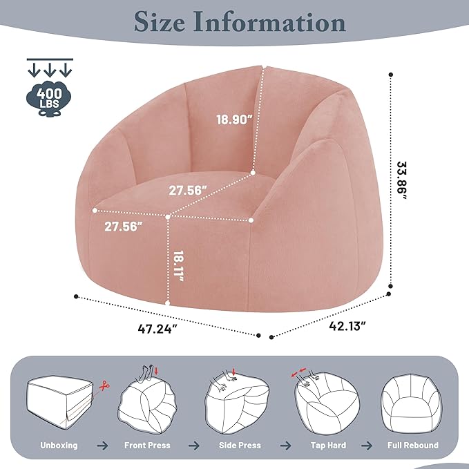 Giant Bean Bag Chair for Adults - Comfy Plush Round Shell Soft Accent Chair, Oversized Cozy Lounge Floor Sofa Reading Chair, Mini Couch for Living Room, Bedroom & Game Rooms, Dorm, Pink