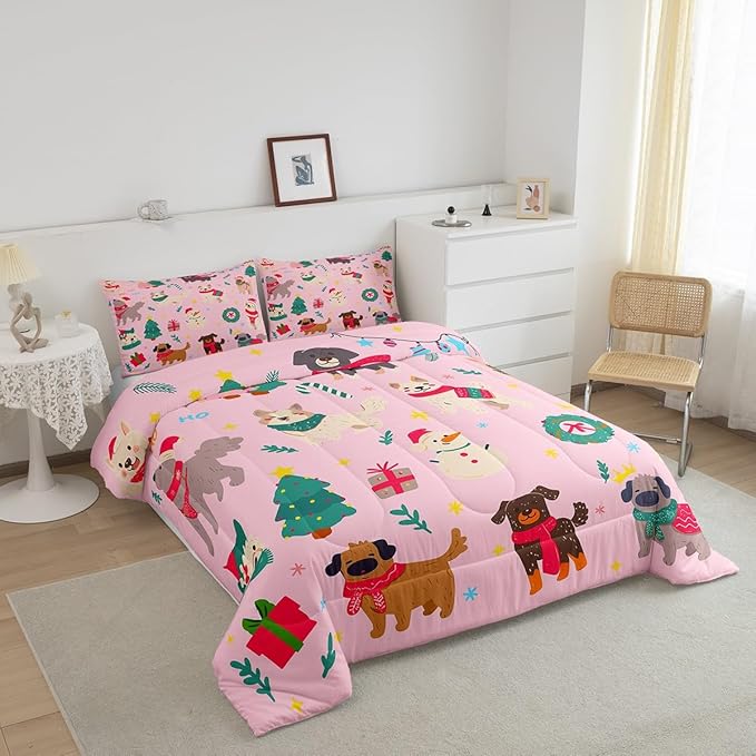 Erosebridal Cute Dog Comforter Set Twin Size Puppy Dog Cartoon Xmas Bedding Set Christmas Tree Quilts for Kids Boys Girls Bedroom Decor Snowman Duvet Insert with 1 Pillow Case