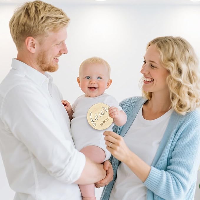Baby Monthly Milestone Marker Discs - Wooden 3D Double-Sided Baby Announcement Sign, Gender Neutral Announcement Cards for Newborn Boys and Girls 1-12 Months Photography Props