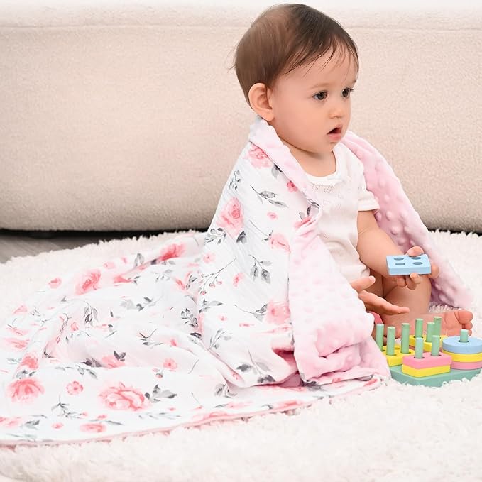 david's kids Muslin Minky Baby Blanket for Girls with Muslin Cotton Front and Dotted Fleece Backing, Breathable and Soft Lightweight Receiving Blanket for Newborns, 50x60 Inches, Floral