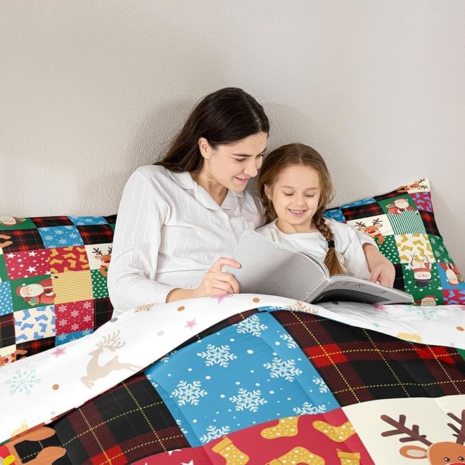 Feelyou Patchwork Christmas Bedding Set Soft for Boys Girls, Santa Claus Reindeer Comforter Set King Size Snowman Duvet Quilt Microfiber Snowflake Bedroom Decor 3 Pcs with 2 Pillow Cases