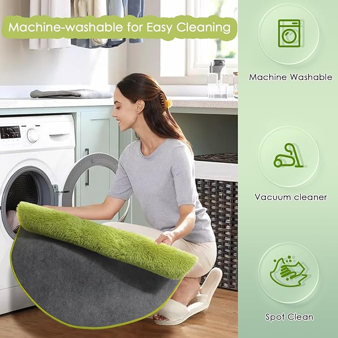 Grass Green Round Rug 4Ft for Bedroom, Fluffy Shag Circle Area Rugs for Kids Room Classroom Nursery, Cool Living Room Decor Aesthetic, Cute Fuzzy Moss Floor Carpet for Preppy Dorm Apartment, Circular