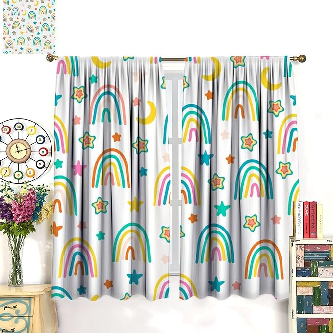 Kids Rainbow Curtains Cartoon Rainbow Abstract Bohemia Floral Lovely Stars Pattern Print Window Drapes for Girl Bedroom Living Room Kitchen Decor,2 Panel Set,63Wx63H Inch Blackout