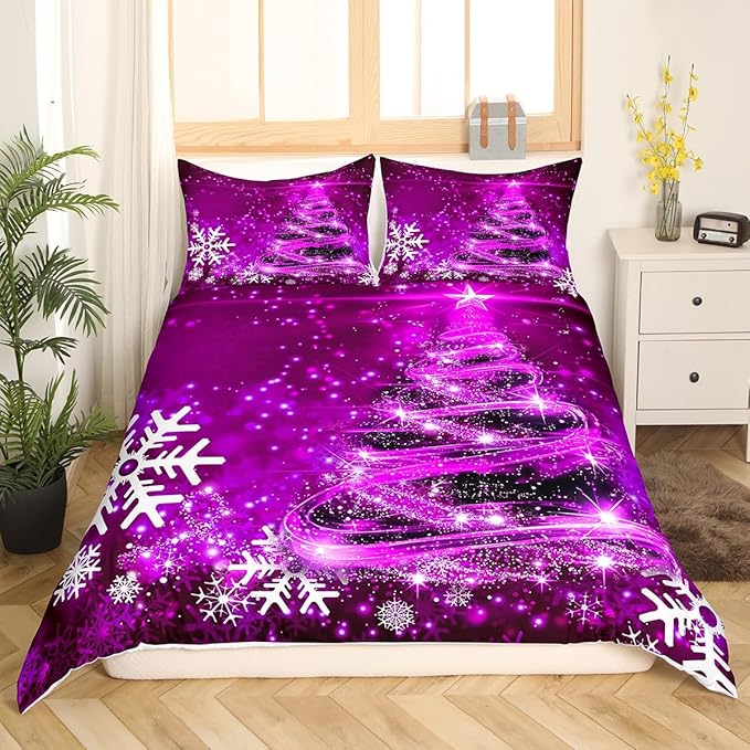 Manfei Purple Xmas Tree Duvet Cover Set King Size, White Snowflake Print Comforter Cover with 2 Pillowcases, New Year Theme Bedding Set 3pcs for Kids Boys Girls Bedroom Decor,No Comforter