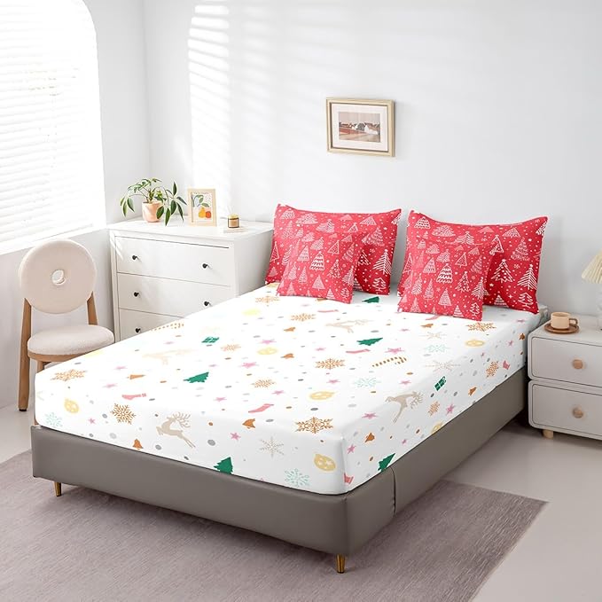 Feelyou Merry Christmas Bed Set Xmas Tree Cute Comforter Set with Sheets Red Chic Bed in a Bag Kawaii Stars Cartoon Bedding Set Bedroom Collection Queen Size
