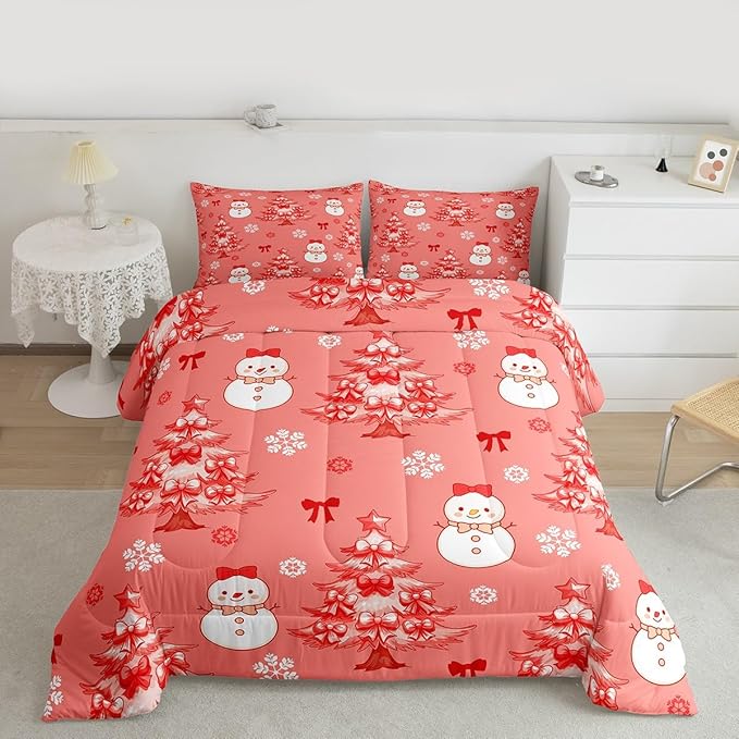Feelyou Merry Christmas Kids Comforter Set King Size Cute Snowman Bedding Set Cartoon Bowknot Duvet Quilt for Kids Boys Girls Bedroom Christmas Tree Decor Microfiber Ultra Soft Breathable