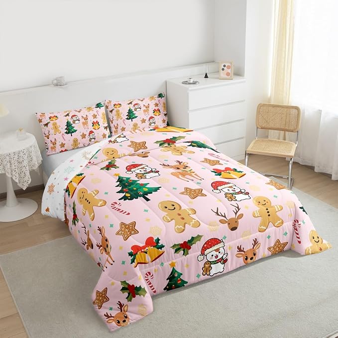 Feelyou Merry Christmas Bedding Set Soft for Boys Girls, Gingerbread Man Comforter Set Queen Size Cute Deer Duvet Quilt Microfiber Christmas Tree 3 Pcs with 2 Pillow Cases