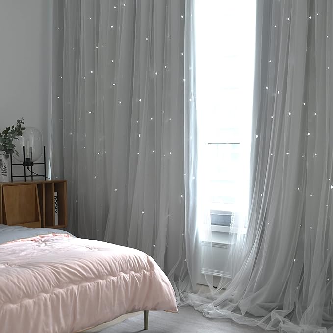 Kinryb Kids Star Cutout Curtains for Bedroom/Living Room/Classroom,2 Free Tiebacks Sheer Overlay 2 Panel Set, Double Layer Curtains for Kids Room(Each Piece W70 x L95 Inches 2 Pcs Greyish White)