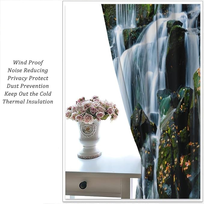 Waterfall Blackout Window Curtains, Forest Nature Landscape Theme Pattern Print Window Drapes, for Living Room Bedroom 63" W X 72" L