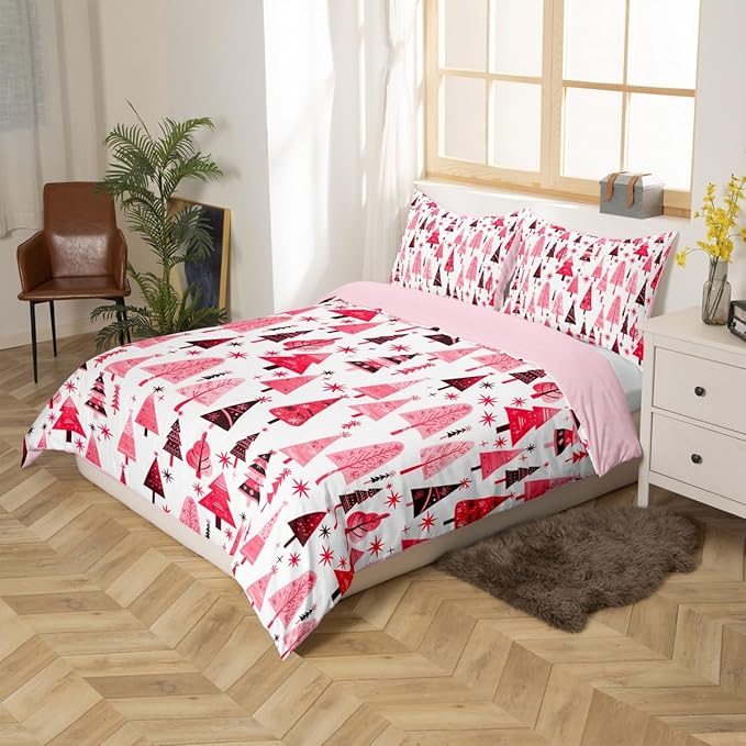 Manfei Pink Xmas Trees Duvet Cover Set Full Size, Christmas Theme Bedding Set 3pcs for Kids Boys Girls Adults, Happy New Year Comforter Cover Soft Polyester Quilt Cover with 2 Pillowcases,No Comforter