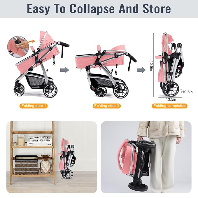 Baby Stroller, 2-in-1 Reversible Toddler Seat with Bassinet Mode, Foldable Infant Stroller with Canopy, One Button Brake, Adjustable Handle, Newborn Pushchair(Pink)