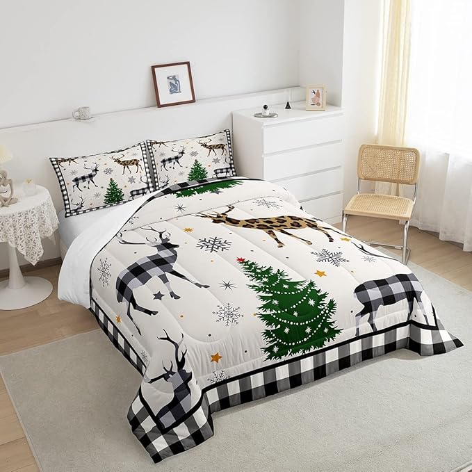 Kids Deer Silhouette Comforter Set King Size,Snowflake Pine Trees Bedding,Girls Boys Adults Bedroom/Xmas Cabin Decor,Geometric Grids Plaid Down Comforter,Rustic Farmhouse Duvet Insert,2 Pillowcases