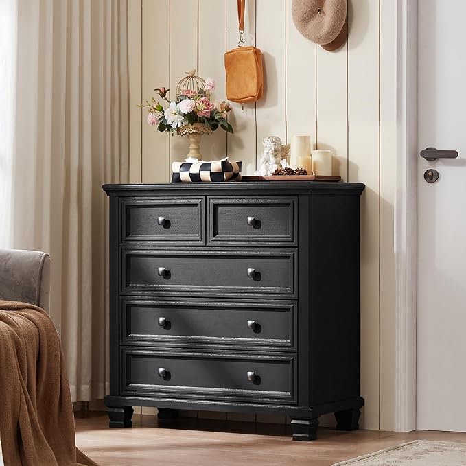 Farmhouse Bedroom Dresser and Nightstand Set of 4, 6 Drawer Tall & 5 Drawers Dresser & 3 Drawer Nightstand Set with Wooden Legs, Rustic Wood Furniture for Bedroom, Hallway, Black