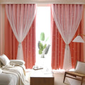 Kinryb Princess Curtains for Girls Bedroom with Sheer Overlay,Double Layer Curtain for Living Room with Star Cutout, Curtains for Kids Room (52 W*84 L Inches,2 Pcs Coral)