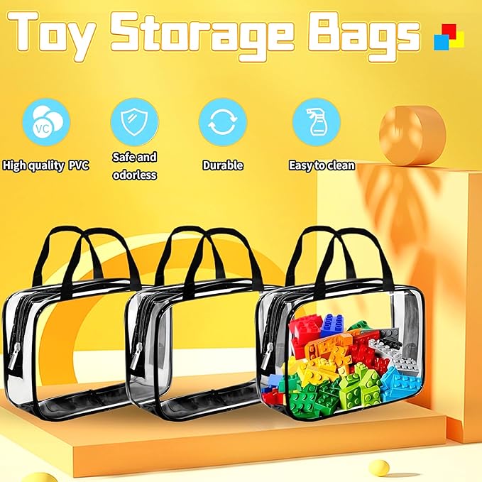6PCS Toy Storage Bags, Clear Waterproof Toy Organizer Bags with Labels, Suitable for Storing Building Blocks, Puzzles, Stationery, and Books (6PCS XL: 13.8 * 9.25 * 6.9Inch)