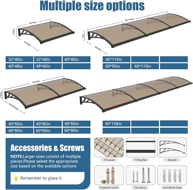 40''*80'' Window and Door Exterior, UV/Rain/Snow/Sunlight Protection Sheet,UPF 50+ Polycarbonate Overhang Canopy,House Overdoor Awnings for Door Entrance Outside/Patio/Porch/Deck