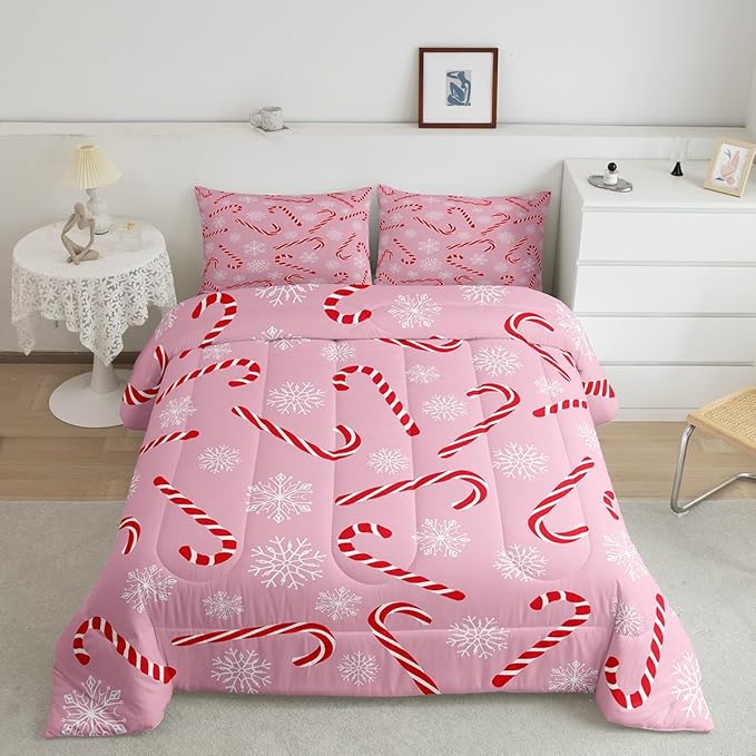 Erosebridal Xmas Candy Cane King Bedding Set 7 Piece,Merry Christmas Bed in A Bag for Kids Boys Girls,White Snowflake Comforter Set Pink Christmas Ornaments Sheet Set with Comforter
