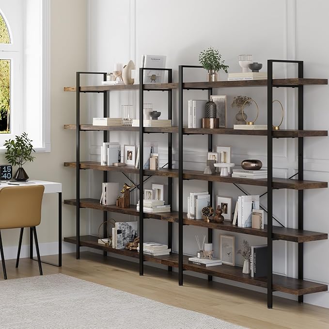 5 Tier Bookcase, 47 Inch Wide Wood Bookshelf, 120lbs Shelf Capacity Estante, Rustic Open Shelving Industrial Display with Reinforced Horizontal Brown Shelves for Living Room Bedroom Office