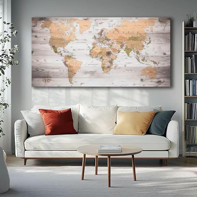 Large Wall Art grey map of The World Painting Ready to Hang 36"x70"Large Framed Wall Art World Map Canvas Map Decorations Artwork Prints