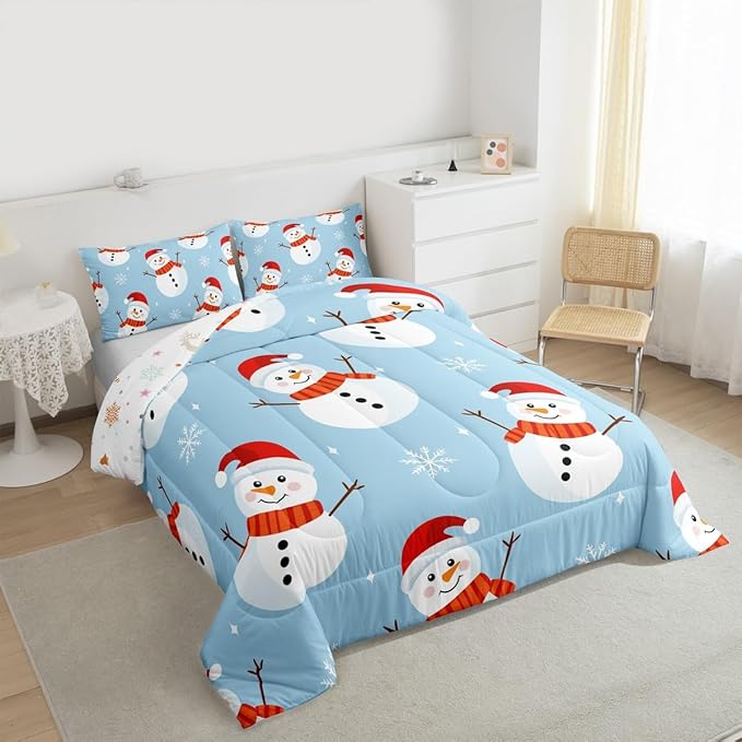 Feelyou Merry Christmas Bedding Set Soft for Boys Girls, Snowman Comforter Set King Size Snowflake Duvet Quilt Microfiber Bedroom Decor 3 Pcs with 2 Pillow Cases