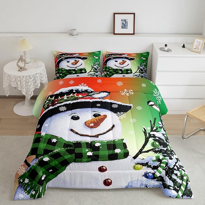 Feelyou Kids Christmas Theme Decorations Bedding Set Xmas Snowman Comforter Set for Boys Girls Snowflake Kawaii Cute Comforter Orange Red Green Quilt Set Bedroom Collection Queen Size