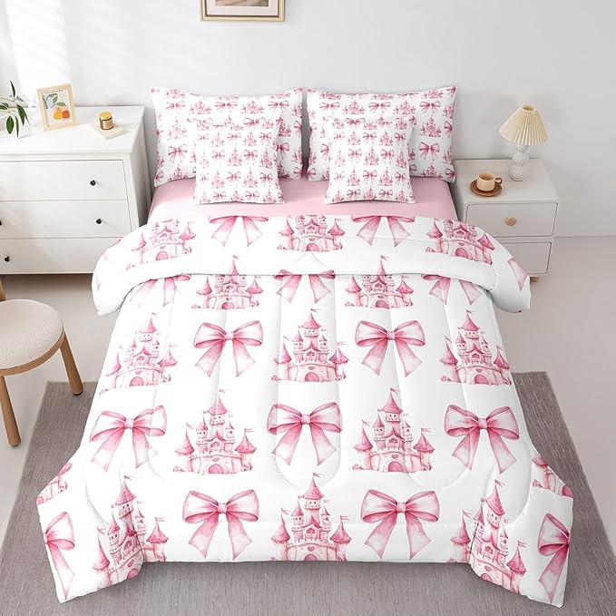 7 Pieces Pink Bowknot Kids Comforter Twin,Castle Tale Princess Toddler Bedding Set,Bow Tie Butterfly Knot Girlish Romantic Fashion（Comforter+Fitted+Flat Sheet+2 Pillowcases+2 Throw Pillow Covers）