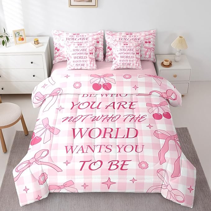 7 Pieces Pink Bowknot Kids Comforter Set King,Cherry Star Daisy Flowers Princess Bedding Set,Bow Tie Geometric Plaids Cute Dreamy（Comforter+Fitted+Flat Sheet+2 Pillowcases+2 Throw Pillow Covers）