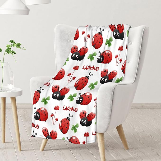 Ladybug Blanket for Girls - 40 x 50 Inches Cute Lady Bug Blanket for Boys - White Fuzzy Warm Decor for Couch, Sofa