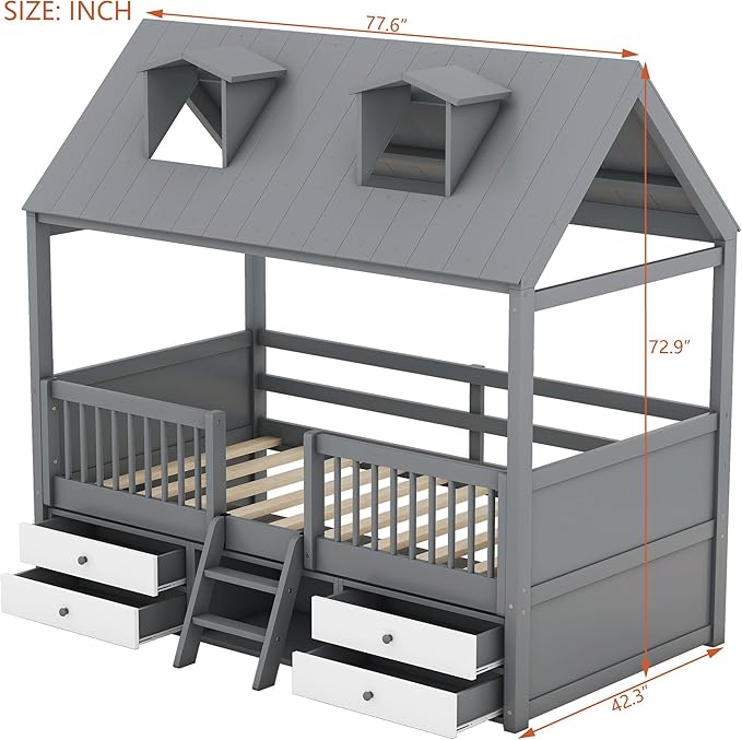 Merax Twin Size House Bed Frame with Full-Length Fence and 4 Storage Drawers, Kids Playhouse Tent Bed with Roof and 2-Step Ladder for Children Boys Girls Teens Bedroom, Solid Wood Slats Support, Gray