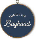 BitKAM Boy Nursery Round Wall Art Decor, Long Live Boyhood Canvas Prints Framed, Retro Navy Blue Wall Hanging Decorations for Kids Boys Nursery Bedroom Playroom, 10x10 Inch Wall Sculptures
