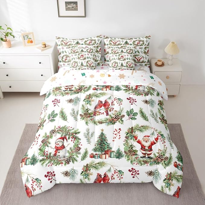 Erosebridal Merry Christmas King Comforter Set with Sheets 7 Piece Red Green Xmas Cardinal Bed in A Bag Xmas Snowman Santa Claus Bedding Sets for Teens Christmas Red Berry Branches Wreath Bed Set