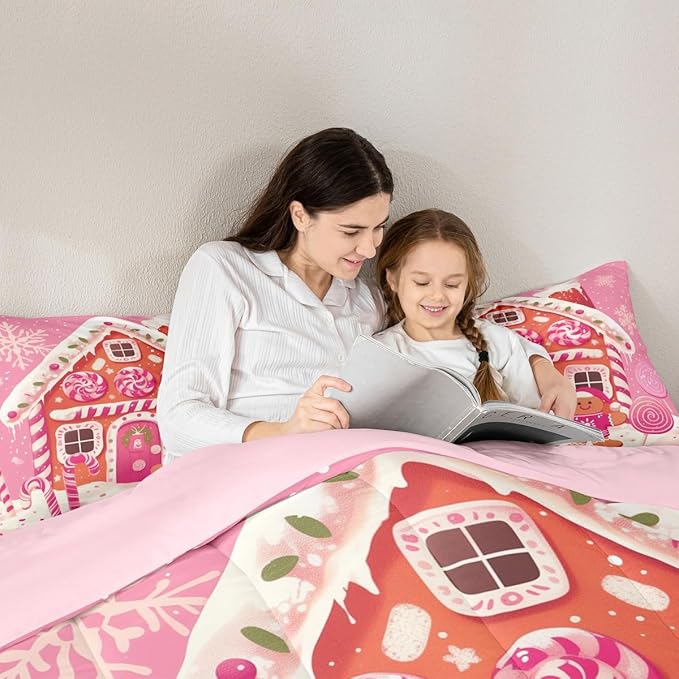 jejeloiu Kids Christmas Theme Comforter Set Full Size Xmas Gingerbread Man Candy Cane House Bedding Set for Boys Girls Teens Hot Pink Winter Happy New Year Duvet Quilt Room Decor