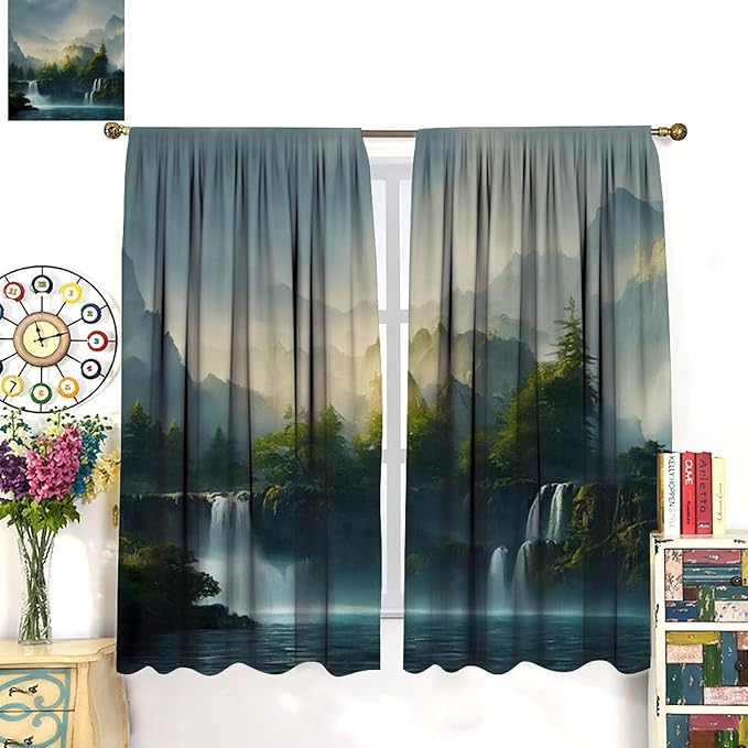 Landscape Theme Waterfall Blackout Curtains, Waterfall Mountains Jungle Printed Natural Scenery Window Drapes, for Bedroom Living Room 63" W X 72" L