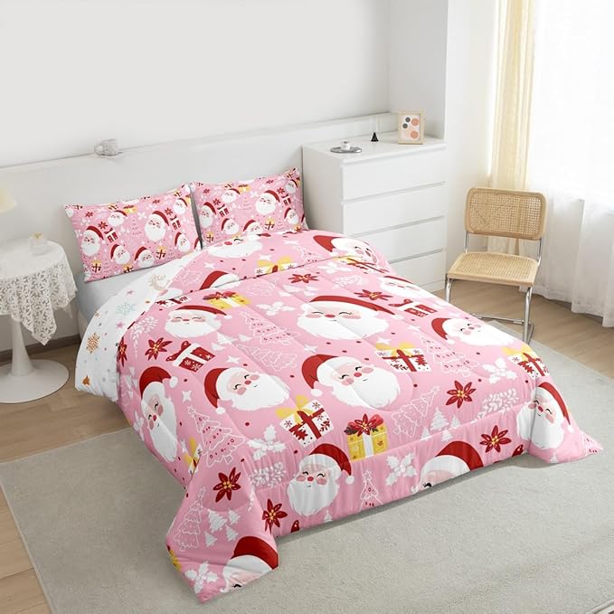 jejeloiu Santa Claus Comforter Set King Size Merry Christmas Bedding Set for Kids Boys Girls Xmas Themed Duvet Quilt Pink Bedroom Decor