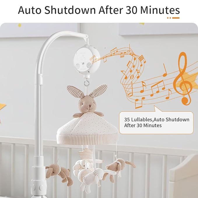 FEISIKE Baby Crib Mobile Arm with Music Box Spin Motor,23 Inch,Volume Control,3 Modes(Turn & Music,Turn Only, Music Only),Nursery Decor Hanger,Holder for DIY Clamp Mobile,35 Lullabies,30 Min Auto-Off
