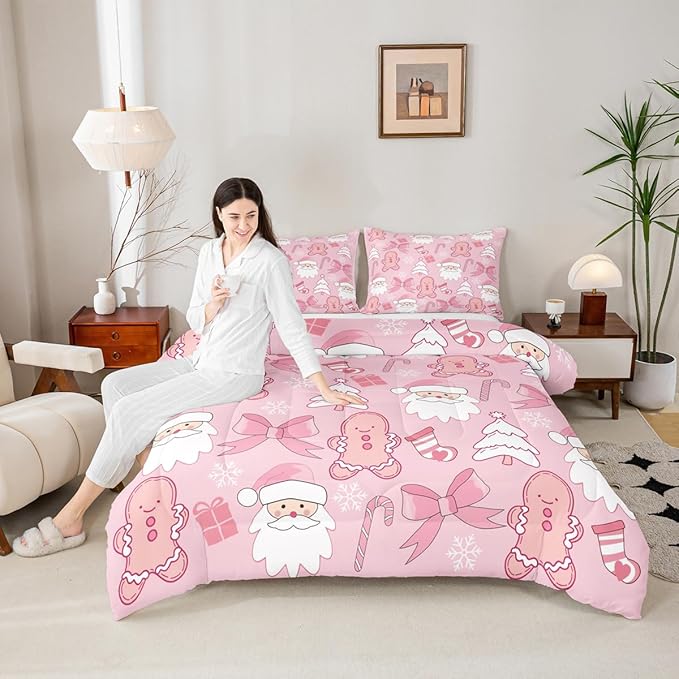 Feelyou Pink Christmas Bedding Set Soft for Boys Girls, Santa Claus Comforter Set Toddler Size Gingerbread Man Duvet Quilt Microfiber Bow Candy Cane Bedroom Decor 2 Pcs with 1 Pillow Cases