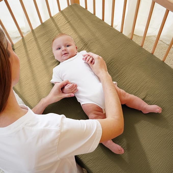 Muslin Crib Sheet – 100% Cotton Baby Fitted Sheet for Boys & Girls, Ultra Soft & Breathable, Snug Fit with 360° Elastic, Fits Standard Crib Mattress 28" x 52" & Toddler Beds.
