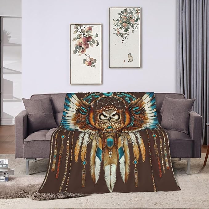 Owl Blanket Native American Decor Throw Blanket Super Soft Flannel Lightweight Fluffy Plush Fuzzy Fleece Indian Blanket Gifts for Girl Woman Adults Man Boys Kids Baby for Bed Sofa 50"X60"