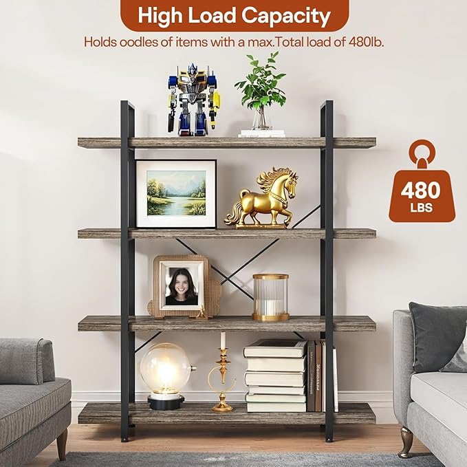 Bookcase, 47 Inch Wide Wood Bookshelf, 120lbs Shelf Capacity, Rustic Open Shelving Industrial Display with Reinforced Horizontal Shelves for Living Room Bedroom Office (4 Tier - Grey) 2 Set