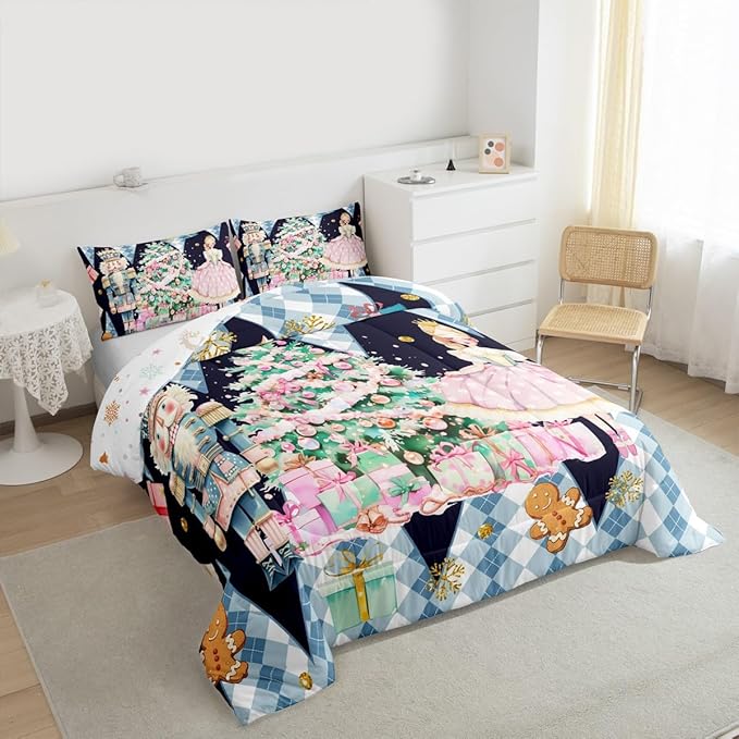 jejeloiu Christmas Nutcracker Comforter Set Twin Size Gingerbread Man Bedding Set for Kids Boys Girls Xmas Tree Duvet Quilt Dark Blue Bedroom Decor