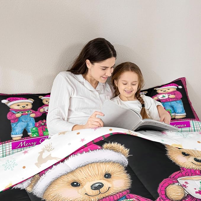 Feelyou Merry Christmas Kids Comforter Set Toddler Size Cute Bear Bedding Set Duvet Quilt for Kids Boys Girls Bedroom Winter Decor Microfiber Ultra Soft Breathable
